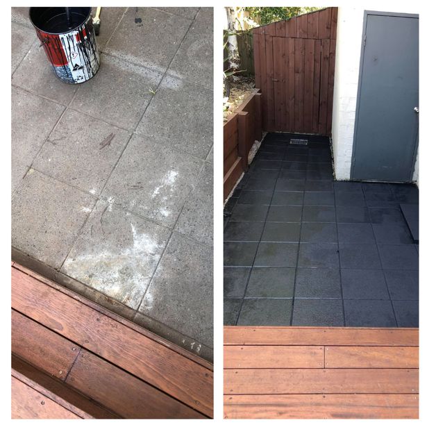 Newly finished concrete path with slate impression